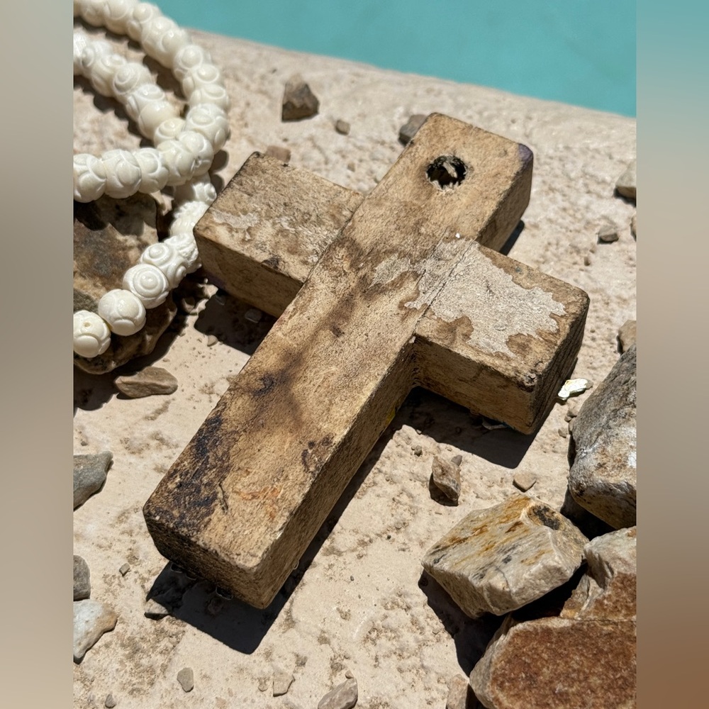 Milagro Silver Metal Charm Spanish Folk Art Painted Wood Cross-Ocean Blue - Picture 6 of 9